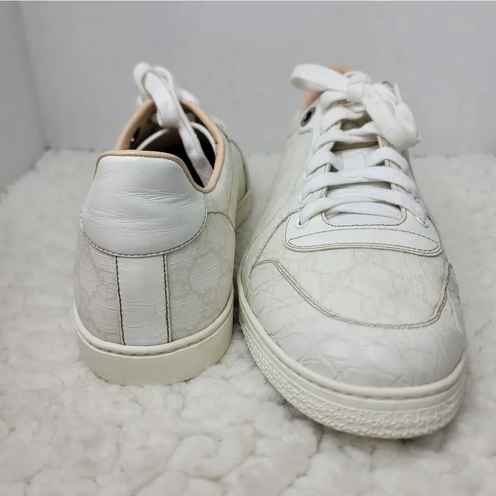Gucci GG  Leather Low Top Sneakers White Croc Embossed Leather Mens 10 Italy